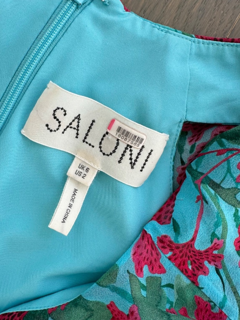SALONI Rita Silk Maxi Dress Teal Blue Aquarium Floral Ruffle Sleeveless - US 2 - Picture 6 of 12